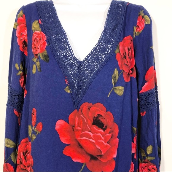 Forever 21 Floral Print Long Sleeve Shift Dress Blue Red with Lace Size Small - Picture 4 of 8